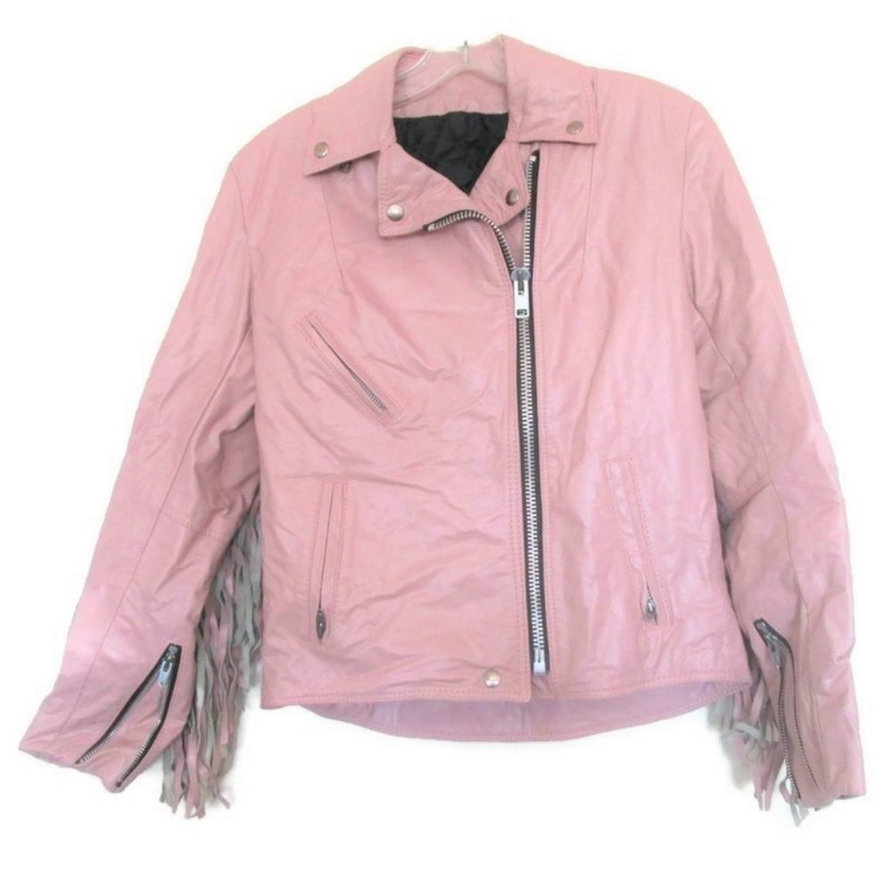 pink leather fringe motorcycle jacket size medium